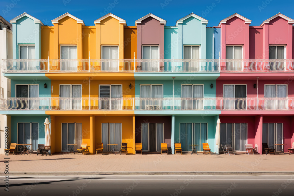 Identical colorful houses on the beach