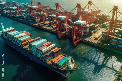 Aerial view of a cargo container ship. Fully loaded container ship against the background of a cargo terminal in a seaport, port cranes, railroads. Global freight logistics concept. 3D illustration.