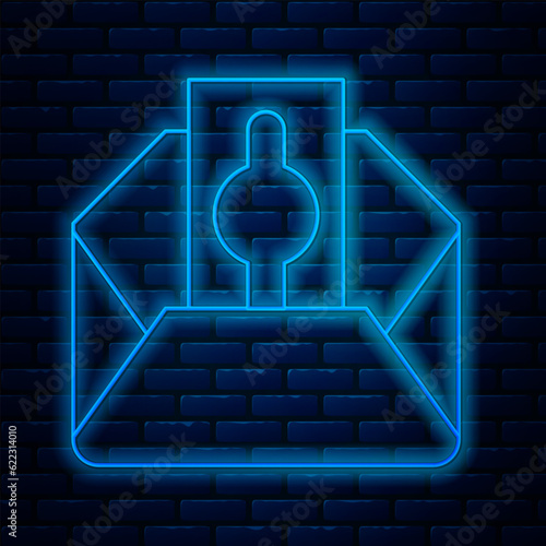 Glowing neon line Donate or pay your zakat as muslim obligatory icon isolated on brick wall background. Muslim charity or alms in ramadan kareem before eid al-fir. Vector