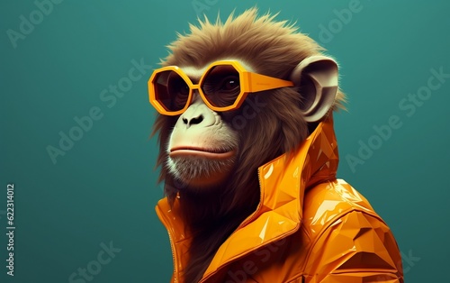 A monkey sporting sunglasses against a solid color backdrop, Generative Ai