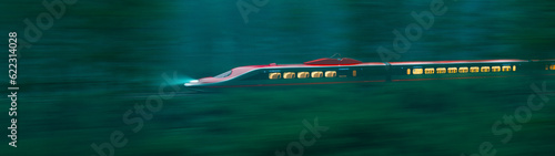 Red High Speed Train Through Dense Forest at Night with Full Moon and Starry Sky