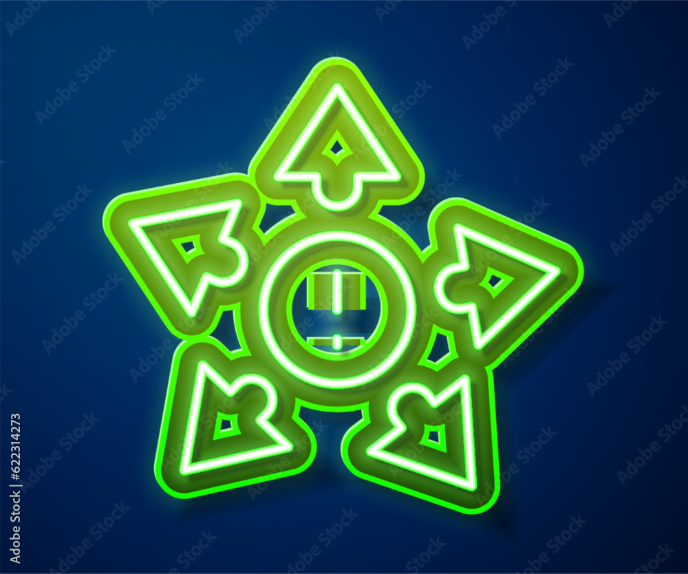 Glowing neon line Many ways directional arrow icon isolated on blue background. Vector Glowing neon line Many ways directional arrow icon isolated on blue background. Vector
