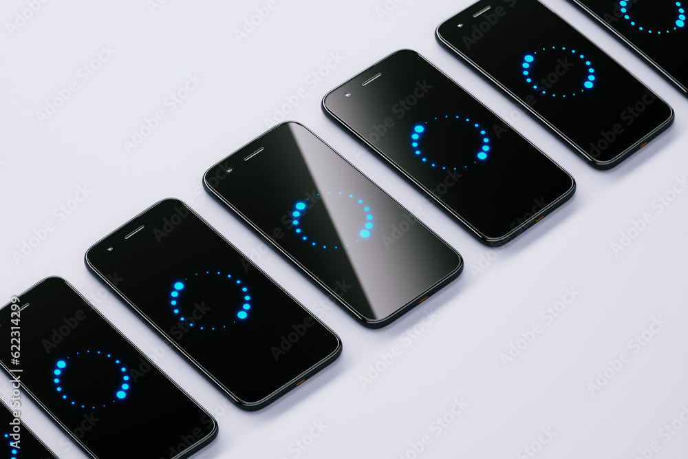 Set of smartphones display sync icons. Sync data across devices. Mobile phones. Set of smartphones display sync icons. Sync data across devices. Mobile phones.