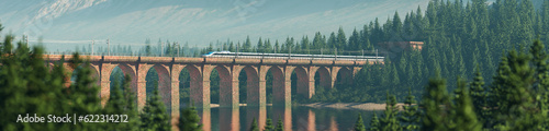 Bullet train crossing bridge over the water with view of mountains and forest photo