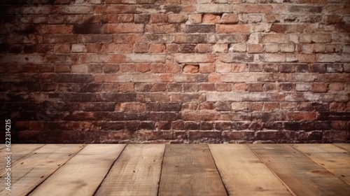Empty wooden table top with background of bricks wall