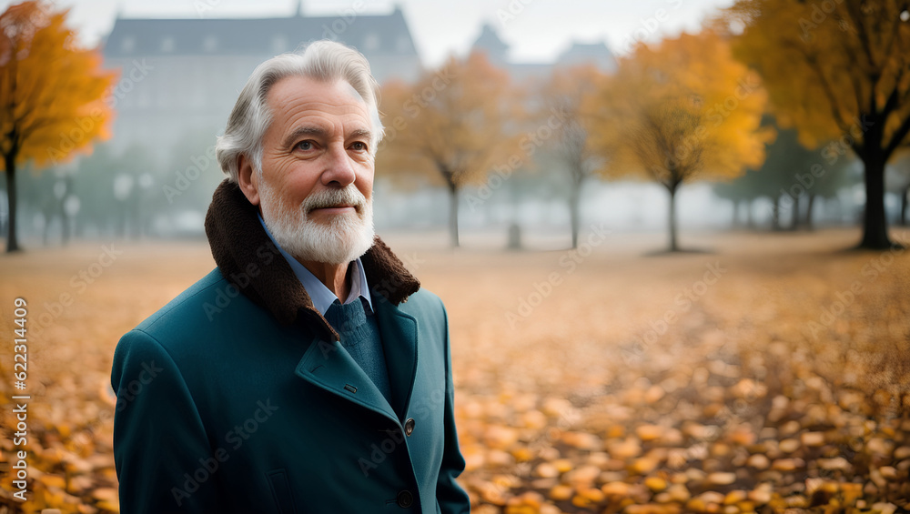 Cheerful man wearing suit. Blurred autumn background with copy space. Generative AI. Cheerful man wearing suit. Blurred autumn background with copy space. Generative AI.