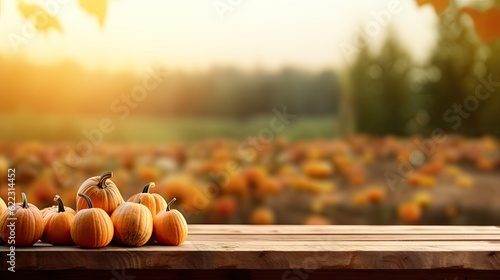 Empty wooden table top with blur background of Pumpkin field