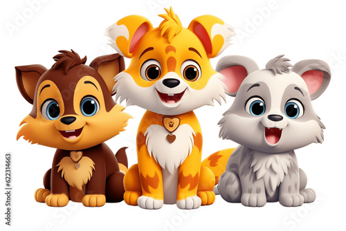 Cartoon Animal Toys Character Set of 3 Cutouts on Transparent Background. Generative AI