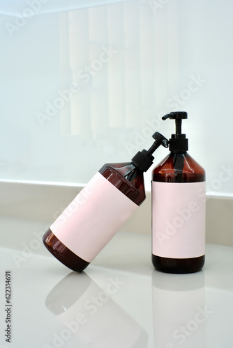 A bottle of professional shampoo for hair in a beauty salon