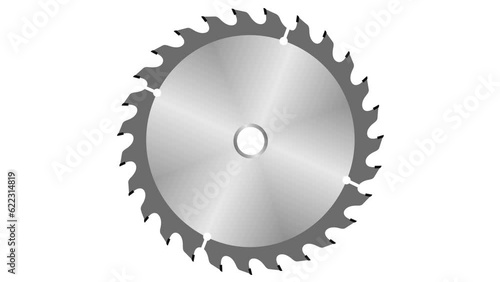 Circular saw blade rotates on an isolated white background. Tool for cutting lumber. Animated video. Fast spin