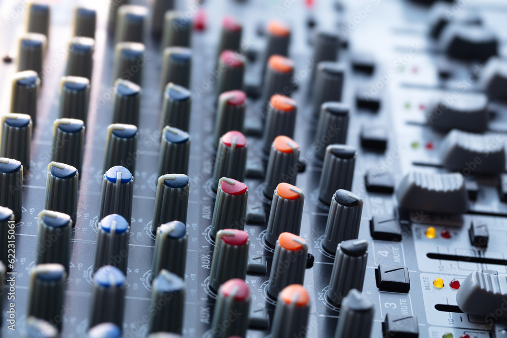 Fototapeta premium Audio mixing console in a streaming, live broadcast, or recording session. Channel faders close up. SIde view. shallow depth of field.