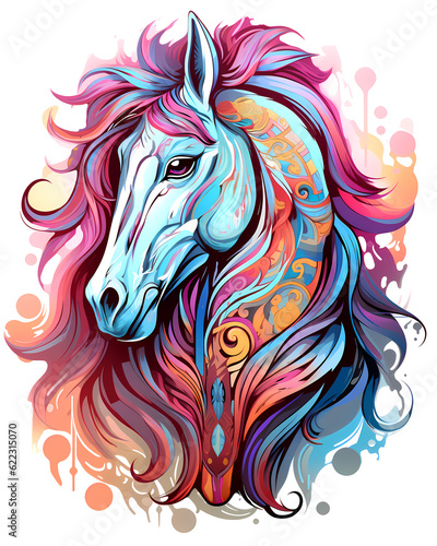 Illustration of a colorful horse, artistic ornemental design in pop colors - Inspiring animals theme