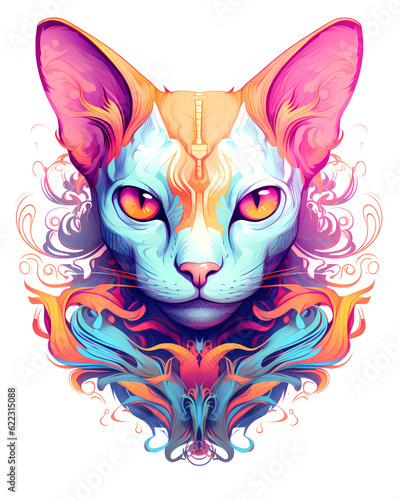 Illustration of a colorful cat, artistic ornemental design in pop colors - Inspiring animals theme photo