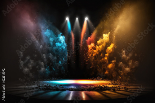 color stage with spotlights in dark background