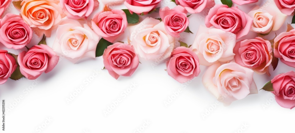 Blooming flowers spring banner - Colorful pink roses, isolated on a white background, top view (Generative Ai)