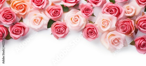 Blooming flowers spring banner - Colorful pink roses  isolated on a white background  top view  Generative Ai 