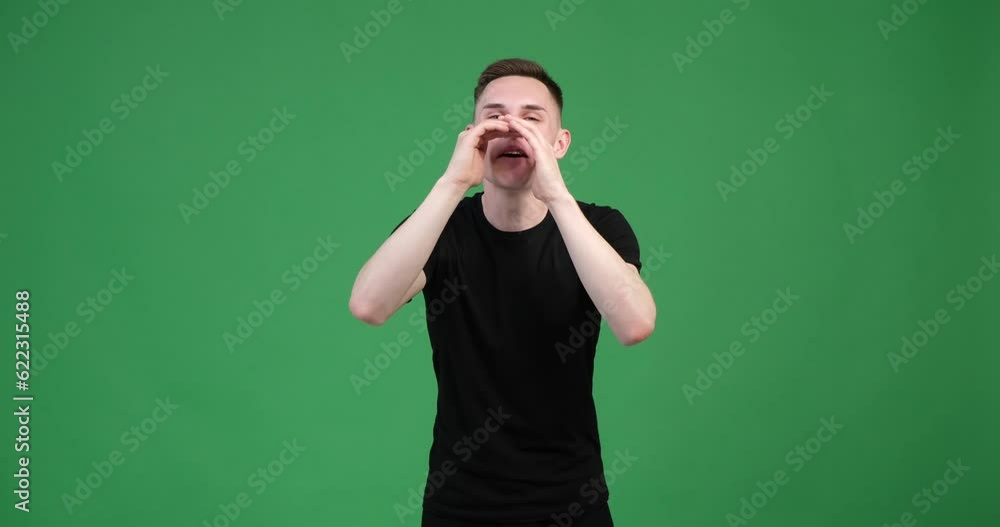 On a chroma key, a cheerful Caucasian man is depicted shouting through an imaginary megaphone. His face is lit up with a wide smile, and his eyes are filled with excitement and energy. On a chroma key, a cheerful Caucasian man is depicted shouting through an imaginary megaphone. His face is lit up with a wide smile, and his eyes are filled with excitement and energy.