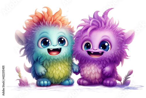 Cute Funny Monster Watercolor Illustration on Transparent Background. Generative AI