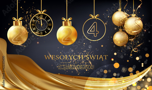 kartka lub baner na wesołych świąt i szczęśliwego nowego roku 2022 w kolorze złotym z wiszącymi bombkami, zegarem i zasłoną oraz kołami w efekcie bokeh w kolorze złotym na czarnym tle z brokatem