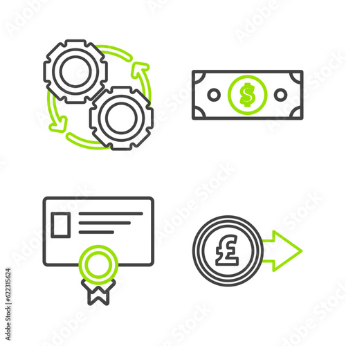 Set line Coin money with pound sterling symbol, Certificate template, Stacks paper cash and Gear and arrows workflow process concept icon. Vector