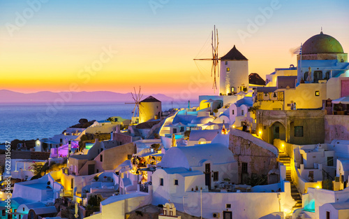 Oia Santorini Greece in the evening during sunset, a traditional Greek village in Santorini.