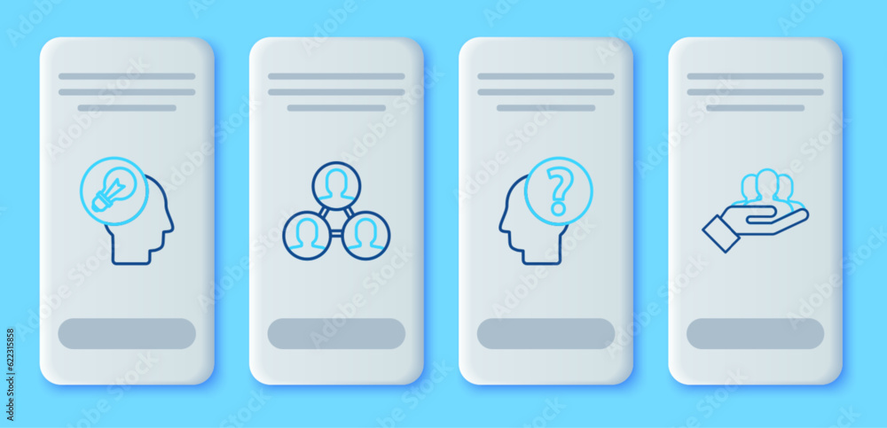 Set line Project team base, Human head with question mark, lamp bulb and icon. Vector Set line Project team base, Human head with question mark, lamp bulb and icon. Vector