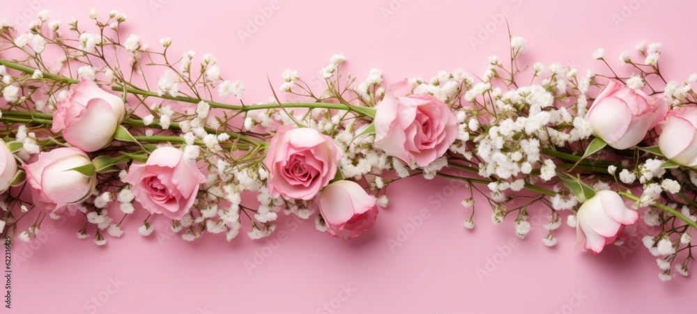 Blooming flowers spring banner - Pink roses with white gypsophila, isolated on pastel pink background, top view (Generative Ai) Blooming flowers spring banner - Pink roses with white gypsophila, isolated on pastel pink background, top view (Generative Ai)