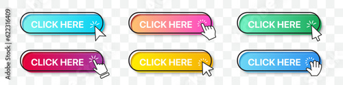 Click here buttons collection with arrow and hand cursor pointer. Gradient button with shadow. Set of digital web buttons. App website button collection