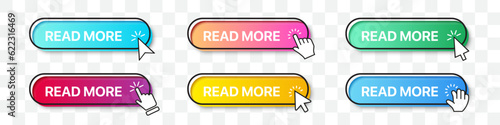 Read more buttons collection with arrow and hand cursor pointer. Gradient button with shadow. Set of digital web buttons. App website button collection