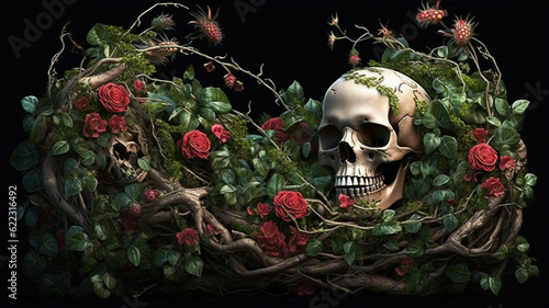 Grave covered with roses and bones