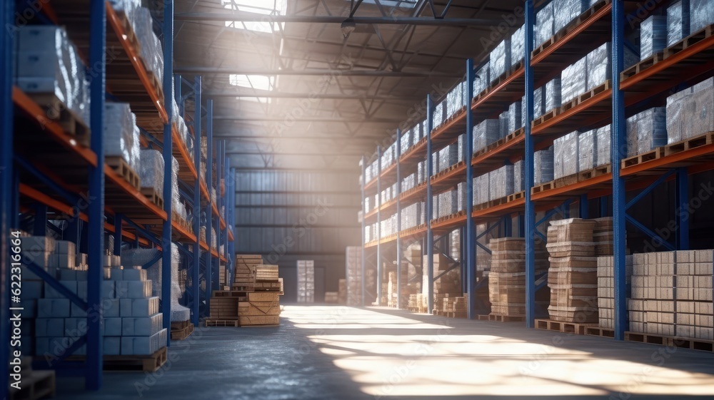 Large industrial warehouse. High racks filled with boxes and containers. Boxes on pallets in the sorting area. Daylight fills the room through the windows. Global logistics concept. 3D illustration. Large industrial warehouse. High racks filled with boxes and containers. Boxes on pallets in the sorting area. Daylight fills the room through the windows. Global logistics concept. 3D illustration.