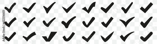 Check or tick icon collection. Set of black check mark icons. Approved, accept, correct symbol collection. Tick mark sign set. Check and tick icons isolated