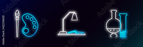 Set line Test tube and flask chemical laboratory test, Paint brush with palette and Workplace table lamp open book icon. Glowing neon. Vector