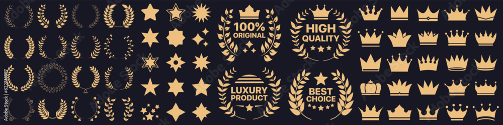 Original, high quality, luxury product, best choice emblem badge collection with star, crown and laurel wreath icons elements Original, high quality, luxury product, best choice emblem badge collection with star, crown and laurel wreath icons elements
