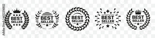 Best seller badge collection. Set of best seller emblem with laurel wreath, crown and star icon. Best seller label collection