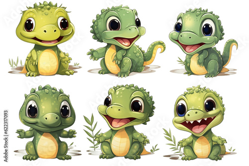 Cute Baby Alligator Stickers Crocodile Cartoon on Transparent Background. Generative AI