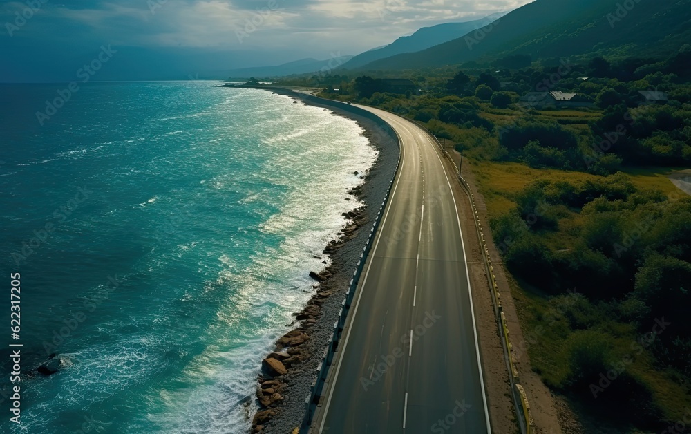 Empty road passing over the sea top view angle Empty road passing over the sea top view angle