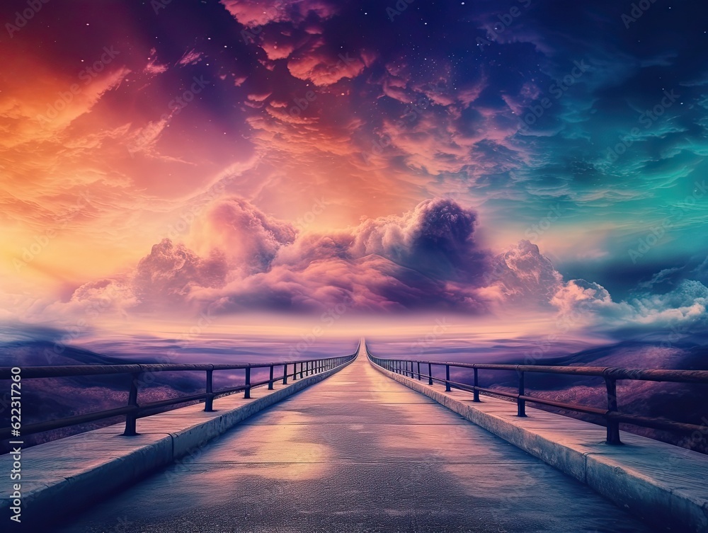 Fototapeta premium Mystical road to success with purple red sunset among clouds generative ai