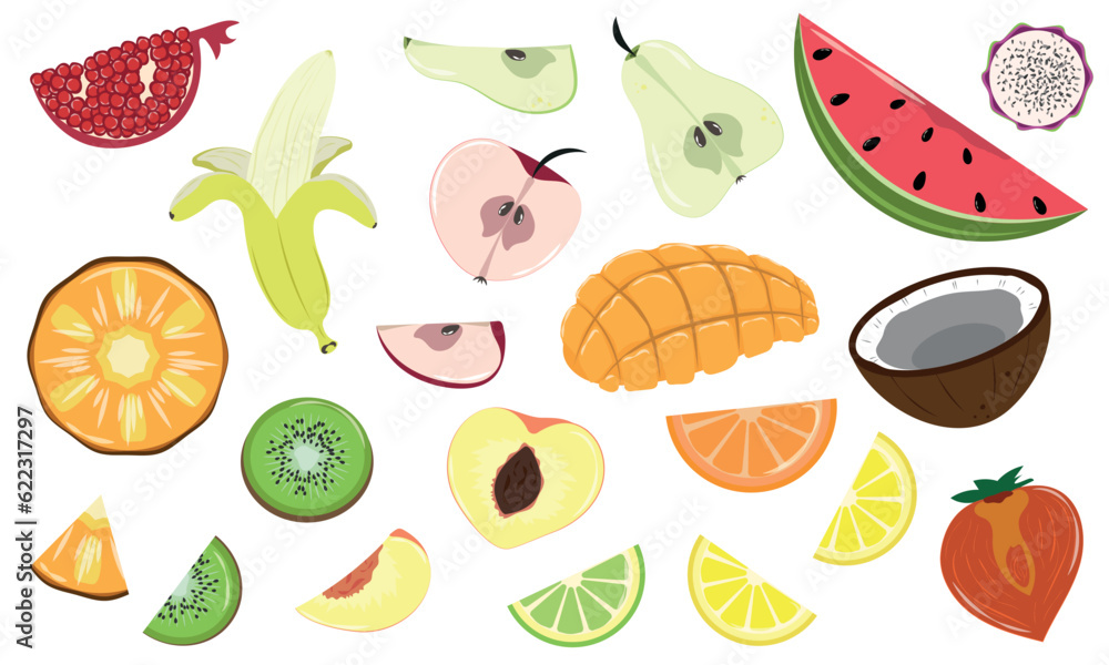 Slices and halves of different fruits Slices and halves of different fruits