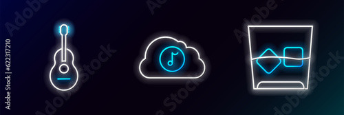Set line Glass of whiskey and ice cubes, Guitar and Music streaming service icon. Glowing neon. Vector