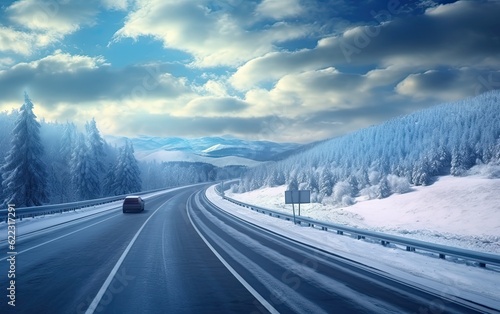 Winter highway road among forest with snowy trees generative ai