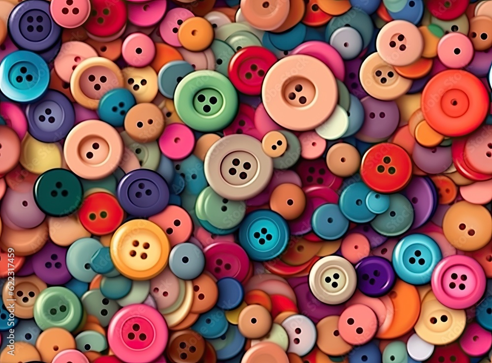 Many colorful garment buttons in various shapes and sizes. SEAMLESS PATTERN. Created with Generative AI technology. Many colorful garment buttons in various shapes and sizes. SEAMLESS PATTERN. Created with Generative AI technology.