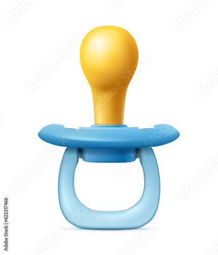 3d realistic vector icon. Blue baby boy pacifier. 