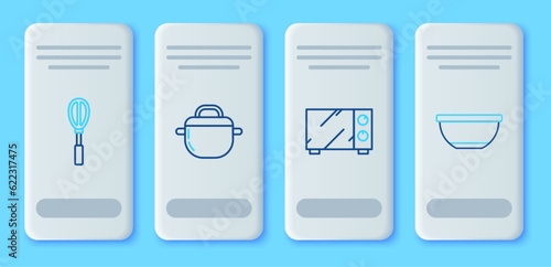 Set line Cooking pot, Microwave oven, Kitchen whisk and Bowl icon. Vector