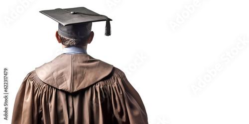 Young male wearing a square academic cap and study gown, viewed from the back and on an isolated background. Generative AI