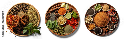 A top view of various Indian spices and seasonings on wooden plates isolated over a transparent background