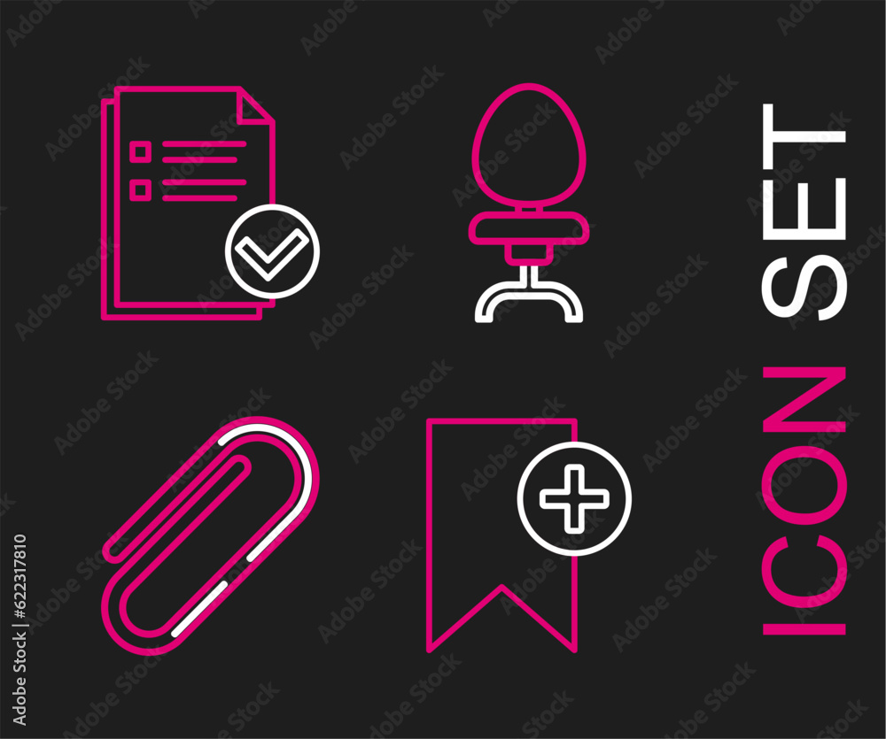 Set line Bookmark, Paper clip, Office chair and Document and check icon. Vector Set line Bookmark, Paper clip, Office chair and Document and check icon. Vector