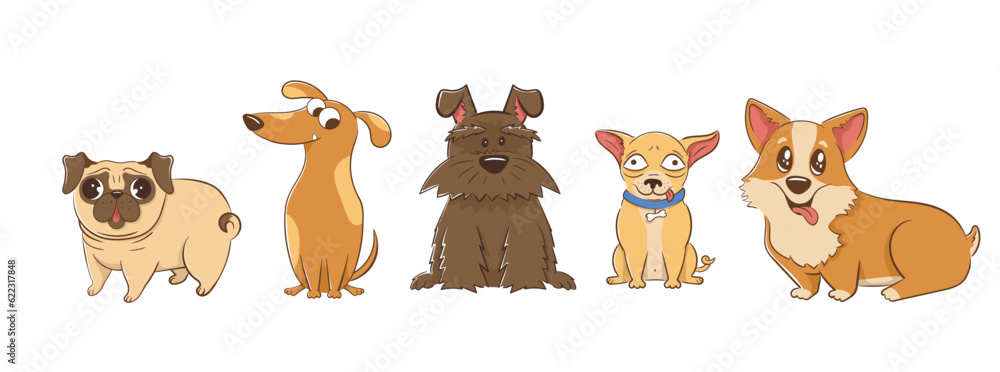 Obraz premium Set of funny cartoon small dogs in flat style.