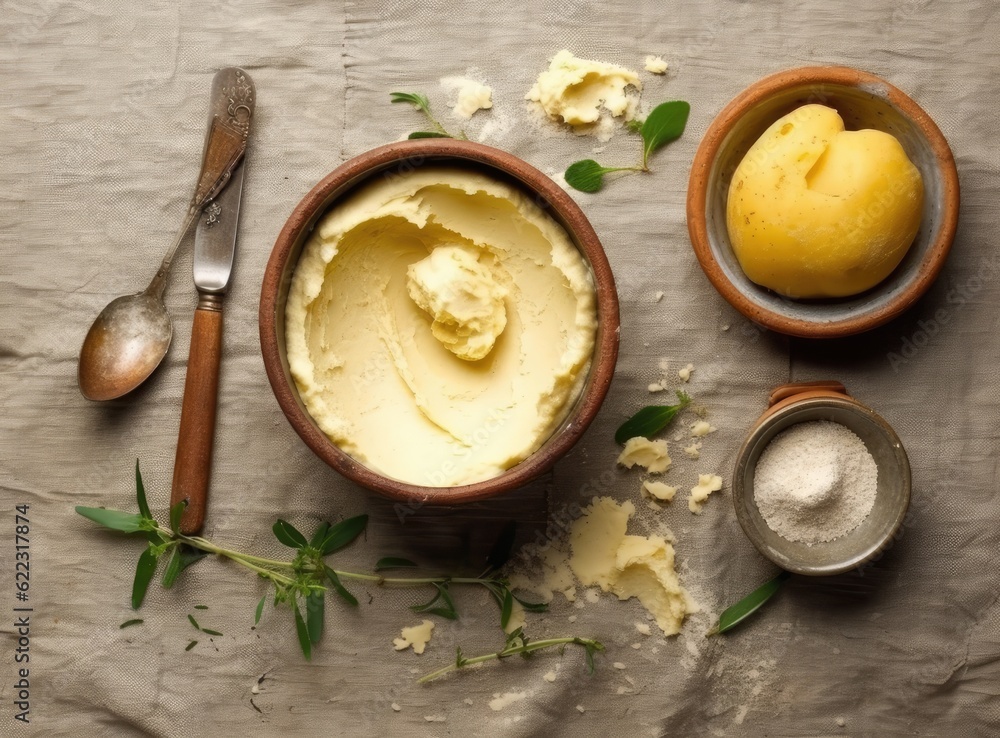 Composition with tasty mashed potatoes on light background. Created with Generative AI technology. Composition with tasty mashed potatoes on light background. Created with Generative AI technology.