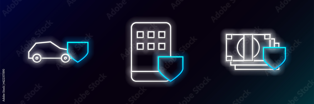 Set line Money with shield, Car and Smartphone insurance icon. Glowing neon. Vector Set line Money with shield, Car and Smartphone insurance icon. Glowing neon. Vector